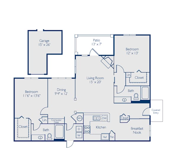A blueprint of a house layout with labeled rooms and dimensions.