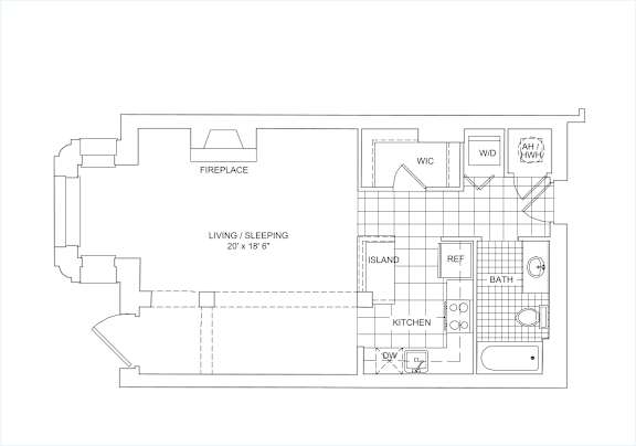 A floor plan of a house with a living/sleeping area, kitchen, bath, and fireplace.