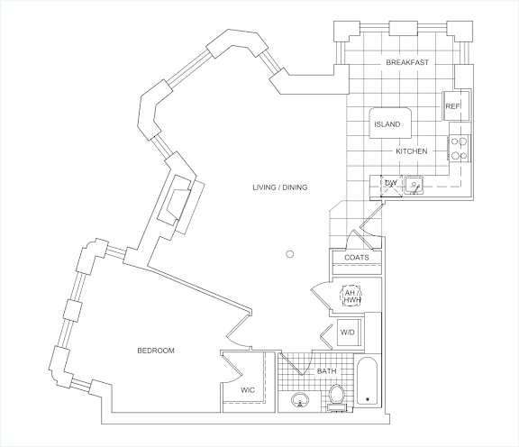 A floor plan of a house with a breakfast area, kitchen, living room, dining room, bedroom, bathroom, and laundry room.