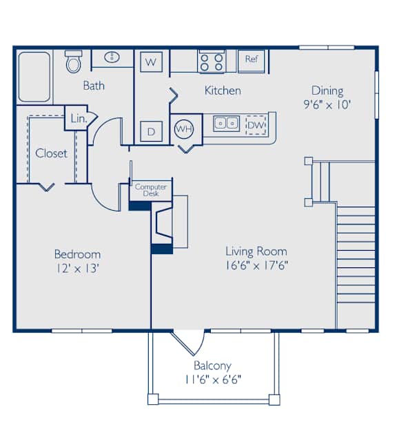 A floor plan of a small apartment with a bedroom, living room, kitchen, and bathroom.