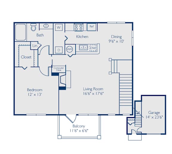 A floor plan of a house with a living room, dining room, kitchen, bedroom, bathroom, and balcony.