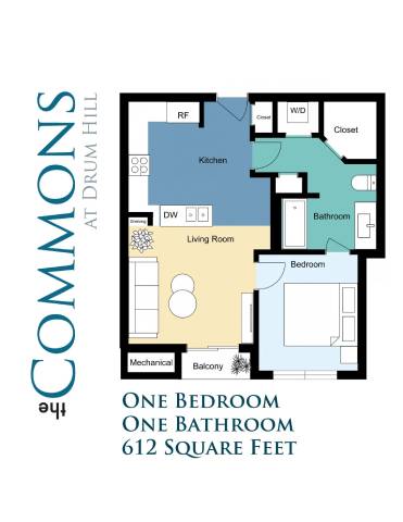 A floor plan of a one bedroom apartment at Commons at Drum Hill.