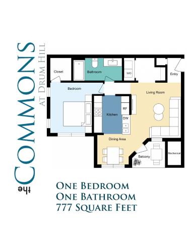 A floor plan of a one bedroom apartment at Commons at Drum Hill.