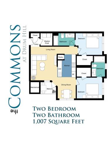 A floor plan for a two bedroom, two bathroom apartment at Commons at Drum Hill.