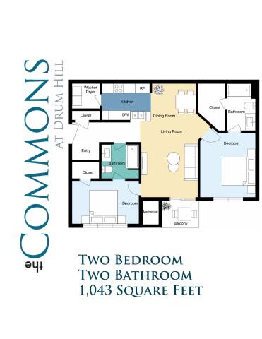A floor plan of a two bedroom, two bathroom apartment at Commons at Drum Hill.