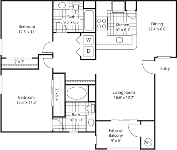 A floor plan of a house with a living room, two bedrooms, a patio, a kitchen, a dining room, and a bathroom.