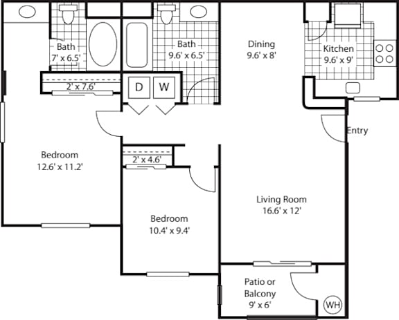 A floor plan of a house with a living room, two bedrooms, a dining room, kitchen, and bathrooms.