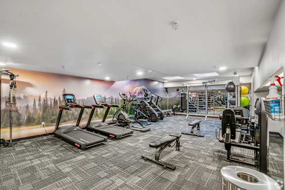 A gym with treadmills, weights, and exercise equipment.