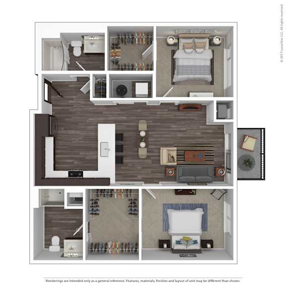 A floor plan of a two-bedroom apartment with a living room, kitchen, and bathroom.