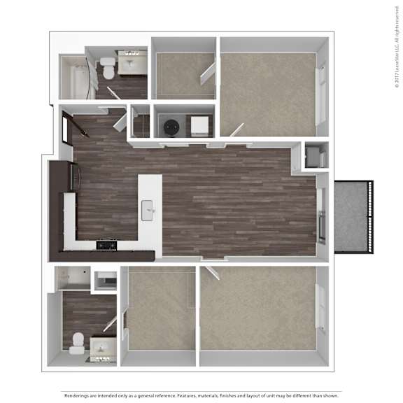 A floor plan of a house with a kitchen, living room, and two bedrooms.