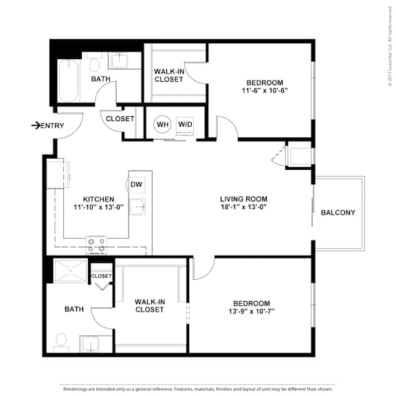 A floor plan of a home with a living room, kitchen, two bedrooms and a balcony.