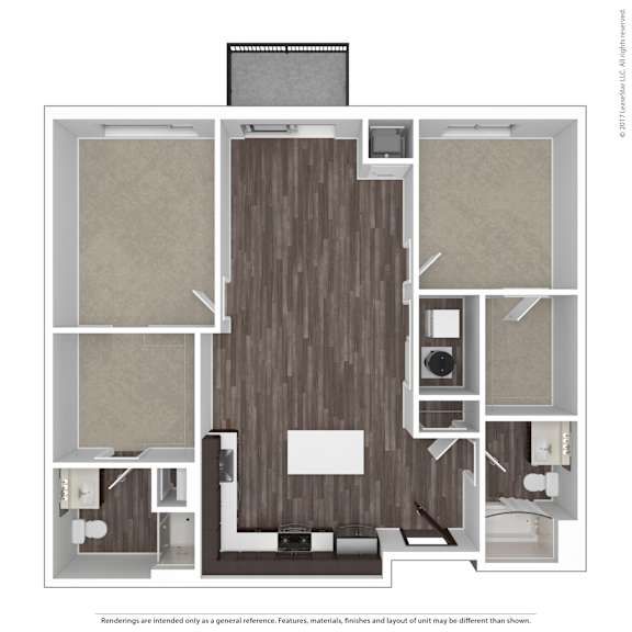 A floor plan of a room with a kitchen, living room, and bathroom.