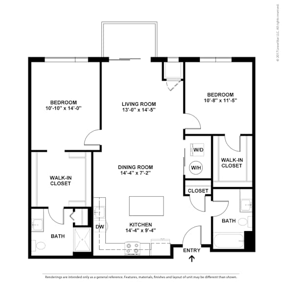 A floor plan of a home with two bedrooms, a living room, a dining room, a kitchen, a bath, and two closets.