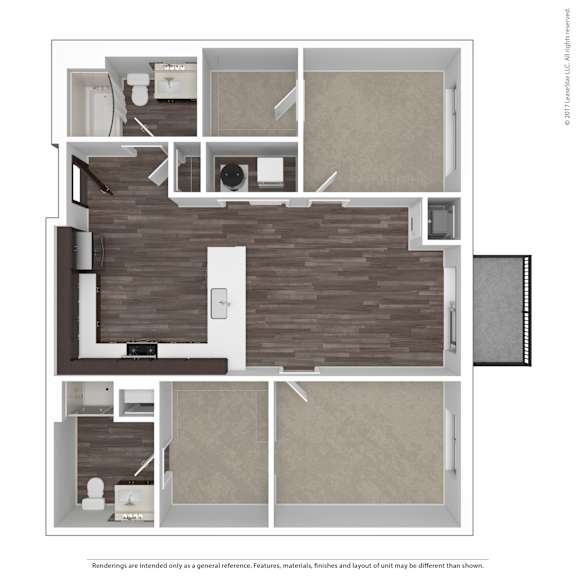 A floor plan of a house with a kitchen, living room, and two bedrooms.