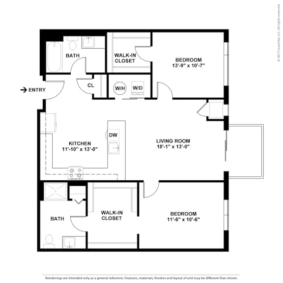A floor plan of a home with a living room, two bedrooms, a kitchen, and a bathroom.