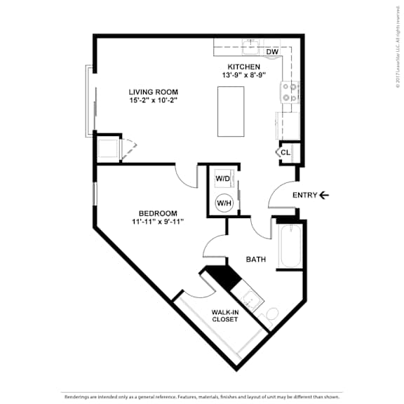 A floor plan of a home with a living room, kitchen, bedroom, bath, and walk-in closet.