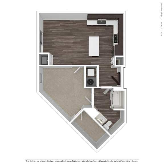 A floor plan of a room with a kitchen, living room, and bathroom.