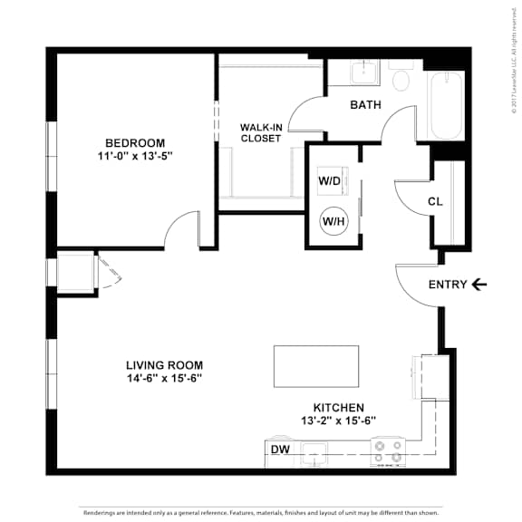 A floor plan of a living space with a bedroom, living room, kitchen, and bathroom.
