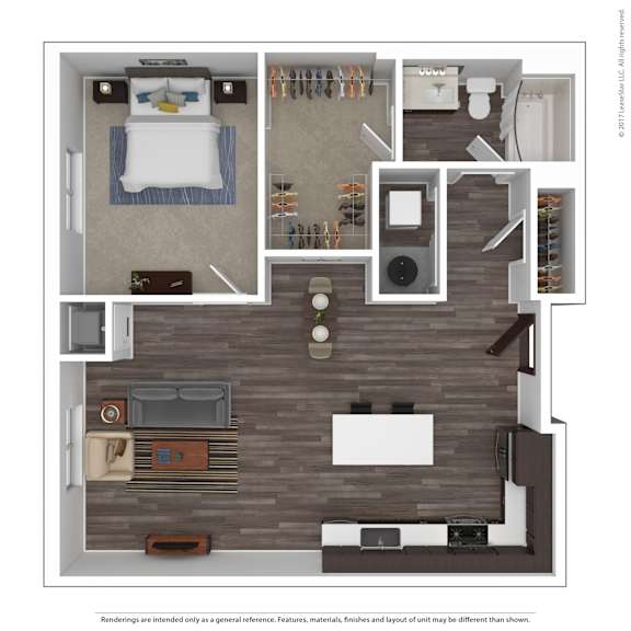 A floor plan of a small apartment with a bedroom, living room, and kitchen.