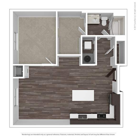 A floor plan of a room with a kitchen, living room, and bathroom.