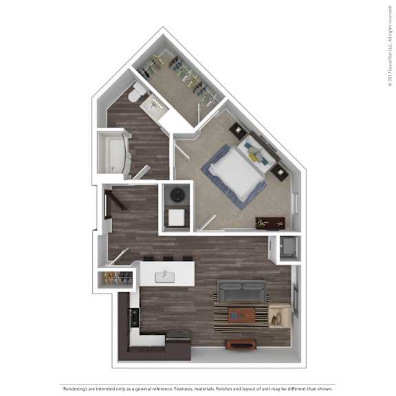 A floor plan of a two-bedroom apartment with a living room, kitchen, and bathroom.