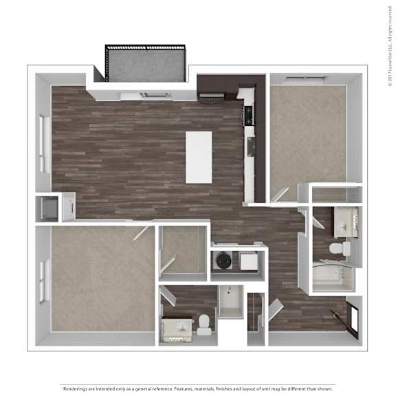 A floor plan of a house with a kitchen, living room, and two bedrooms.