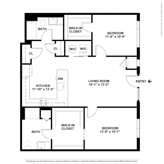 A floor plan of a home with a living room, two bedrooms, a kitchen, and a bathroom.