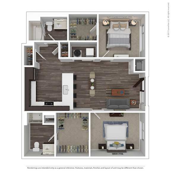 A floor plan of a two-bedroom apartment with a living room, kitchen, and bathroom.