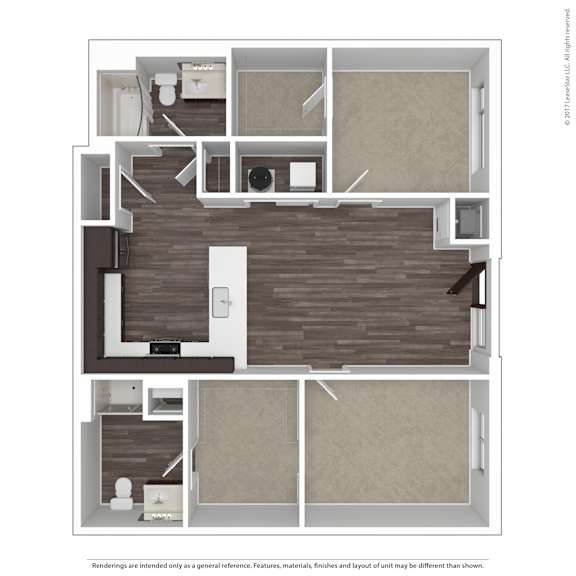 A floor plan of a house with a kitchen, living room, and two bedrooms.