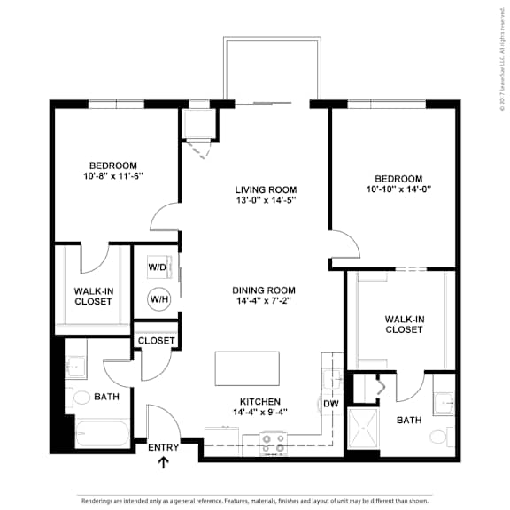 A floor plan of a house with two bedrooms, a living room, a dining room, a kitchen, two bathrooms, a walk-in closet, and an entry.