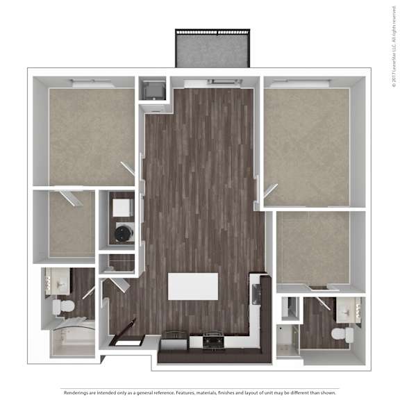 A floor plan of a room with a kitchen, living room, and bathroom.
