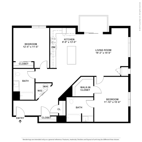 A floor plan of a home with a living room, two bedrooms, a bathroom, a walk-in closet, and a kitchen.