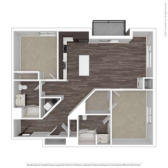 A floor plan of a house with a kitchen, living room, and two bedrooms.