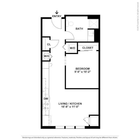 A floor plan of a small apartment with a living area, bedroom, and bathroom.