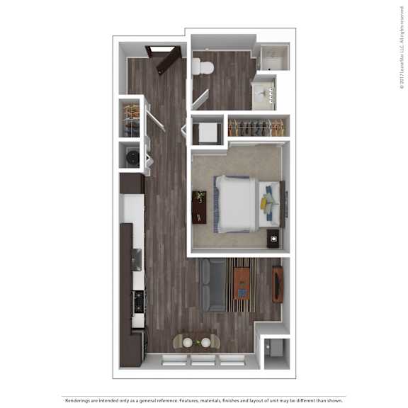 A floor plan of a small apartment with a kitchen, living room, and two bedrooms.