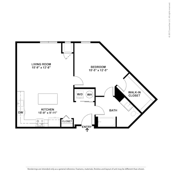 A black and white image of a floor plan for a home with a living room, bedroom, bathroom, kitchen, and entry.