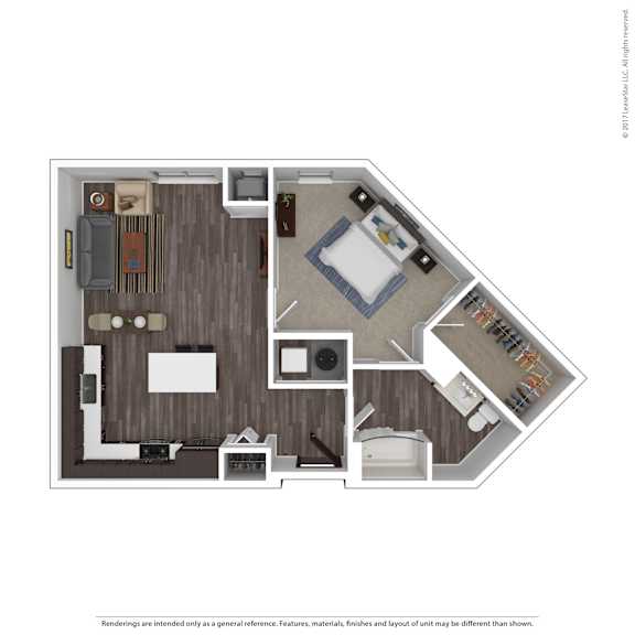 A floor plan of a small apartment with a living room, kitchen, and bedroom.