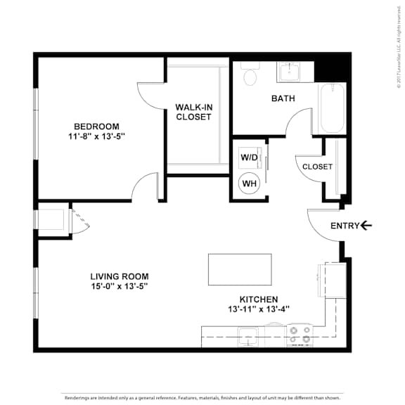 A floor plan of a small apartment with a bedroom, living room, kitchen, and bathroom.
