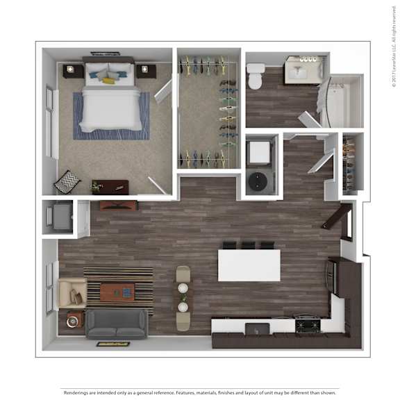 A 3D rendered image of a modern apartment layout.
