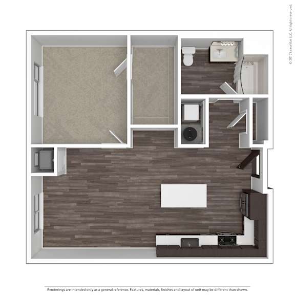 A 3D rendered image of a modern apartment layout.