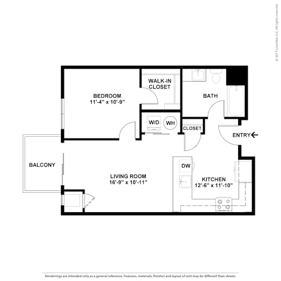 A floor plan of a home with a bedroom, bath, living room, kitchen, and balcony.
