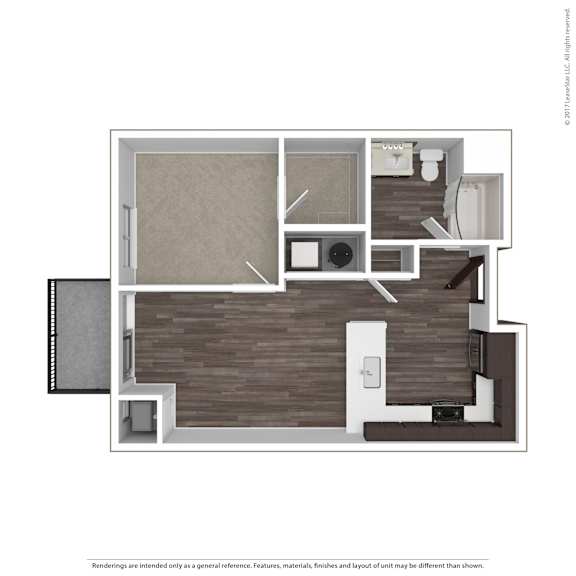 A floor plan of a house with a kitchen, living room, and two bedrooms.