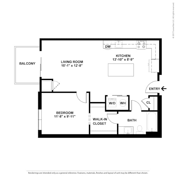 A floor plan of a home with a living room, kitchen, bedroom and bathroom.