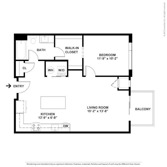 A floor plan of a home with a living room, kitchen, bedroom and bathroom.