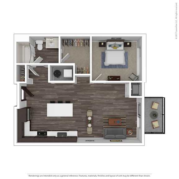 A floor plan of a small apartment with a bedroom, living room, and kitchen.