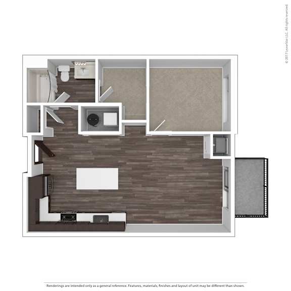 A floor plan of a house with a kitchen, living room, and bathroom.