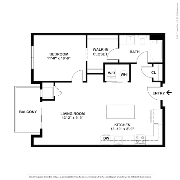 A floor plan of a home with a bedroom, living room, kitchen, and bath.