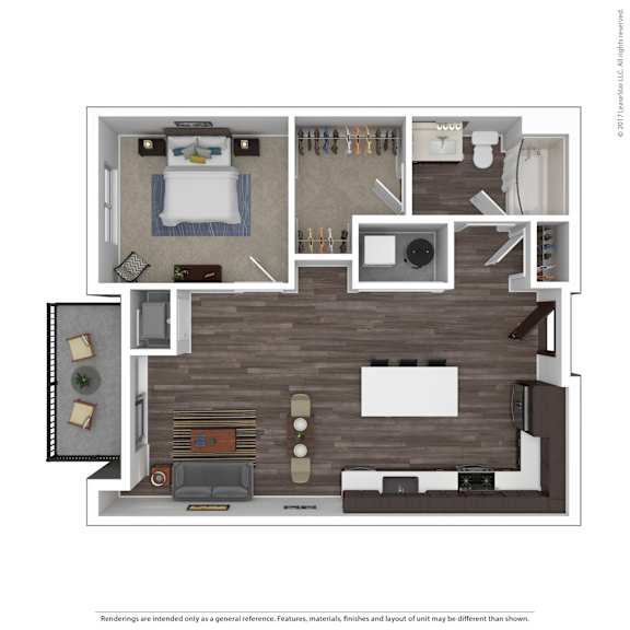 A floor plan of a house with a bedroom, living room, kitchen, and bathroom.