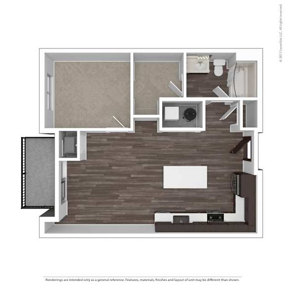 A floor plan of a house with a kitchen, living room, and two bedrooms.