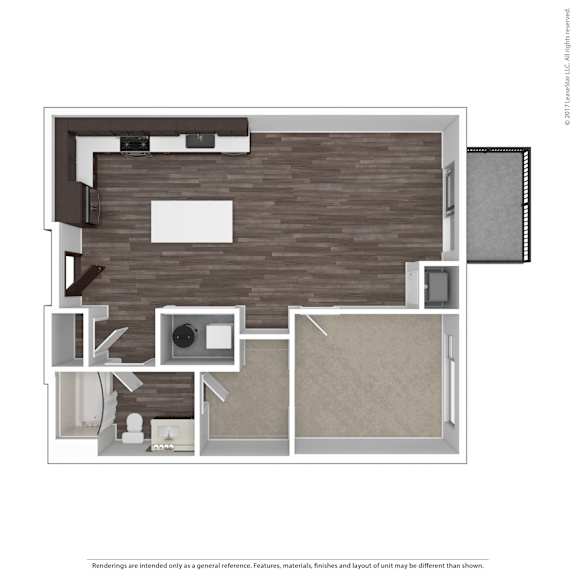 A floor plan of a house with a kitchen, living room, and bathroom.
